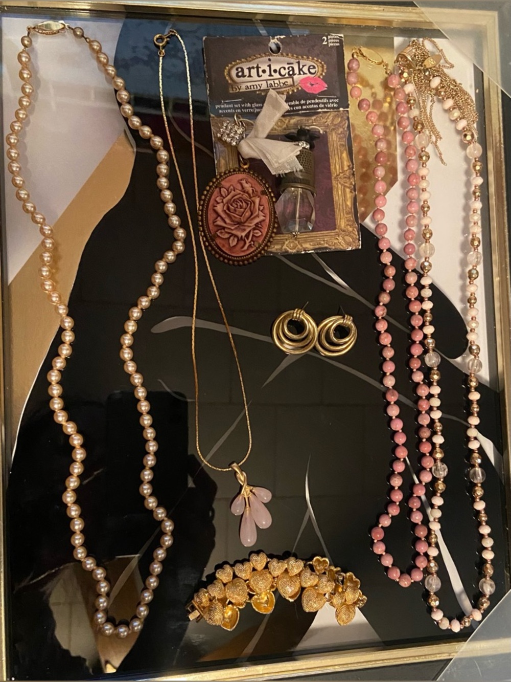 4 Necklaces, A Gold Tone Bracelet, Pair of Earrings, and a Art i Cake set #127
